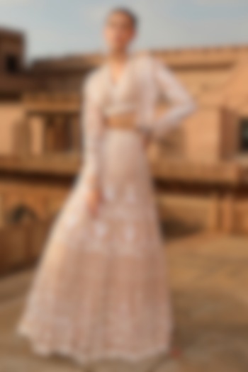 Soft Peach Organza Glass Bead Embroidered Jacket Bridal lehenga for 22 Lehenga Set by NIAMH by Kriti at Pernia's Pop Up Shop