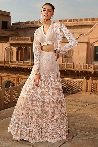 Soft Peach Organza Glass Bead Embroidered Jacket Lehenga Set by NIAMH by Kriti