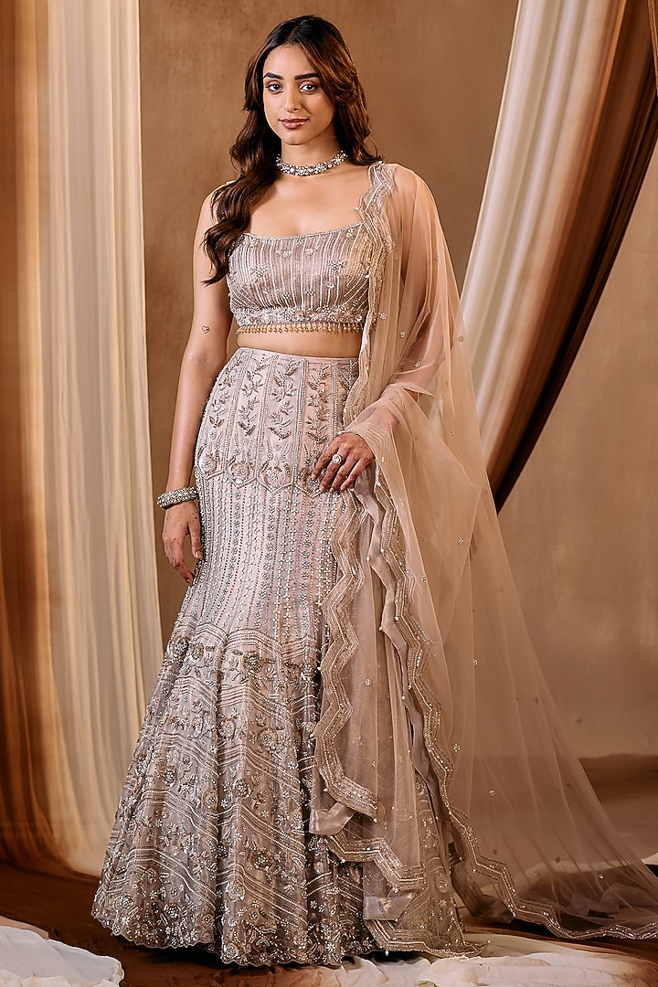 Gold Silk Tissue Hand Embroidered Fish-Cut Bridal Lehenga Set by NIAMH by Kriti at Pernia's Pop Up Shop