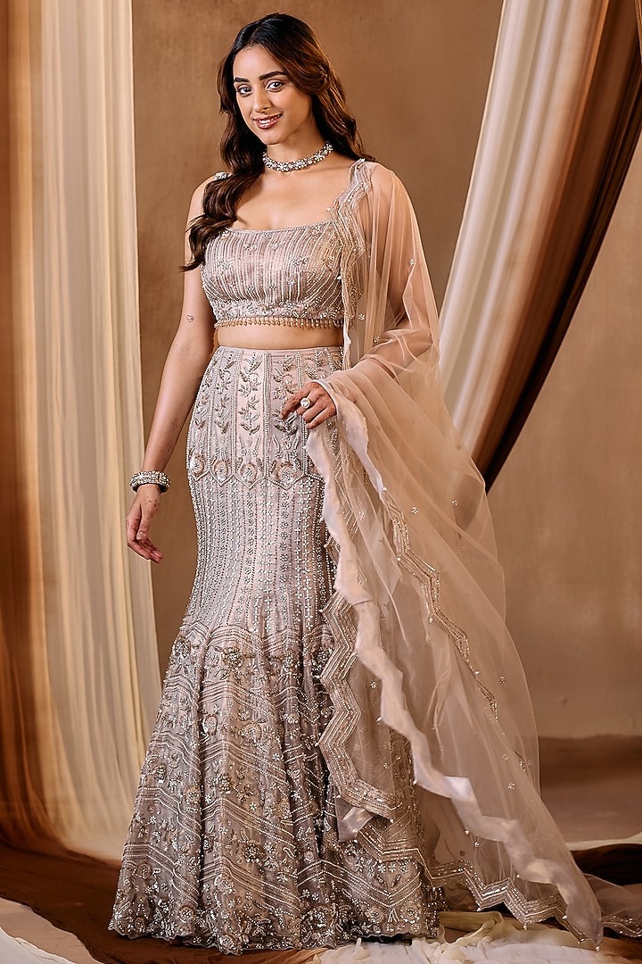 Gold Silk Tissue Hand Embroidered Fish-Cut Bridal Lehenga Set by NIAMH by Kriti at Pernia's Pop Up Shop