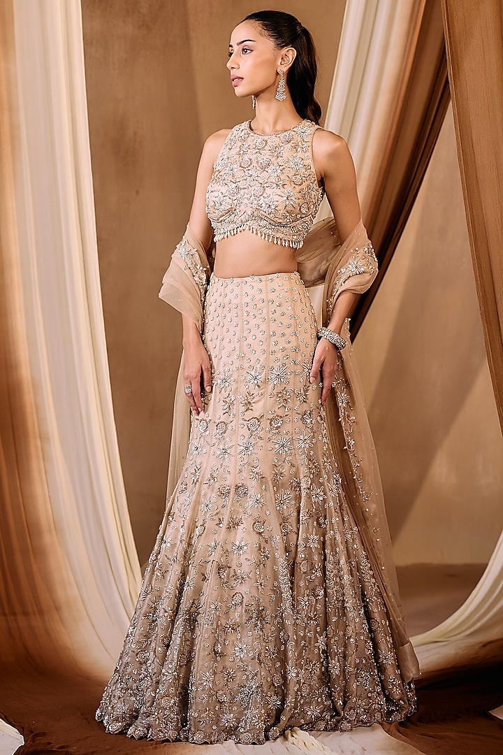 Gold Silk Tissue Hand Embroidered Fish-Cut Bridal Lehenga Set by NIAMH by Kriti at Pernia's Pop Up Shop