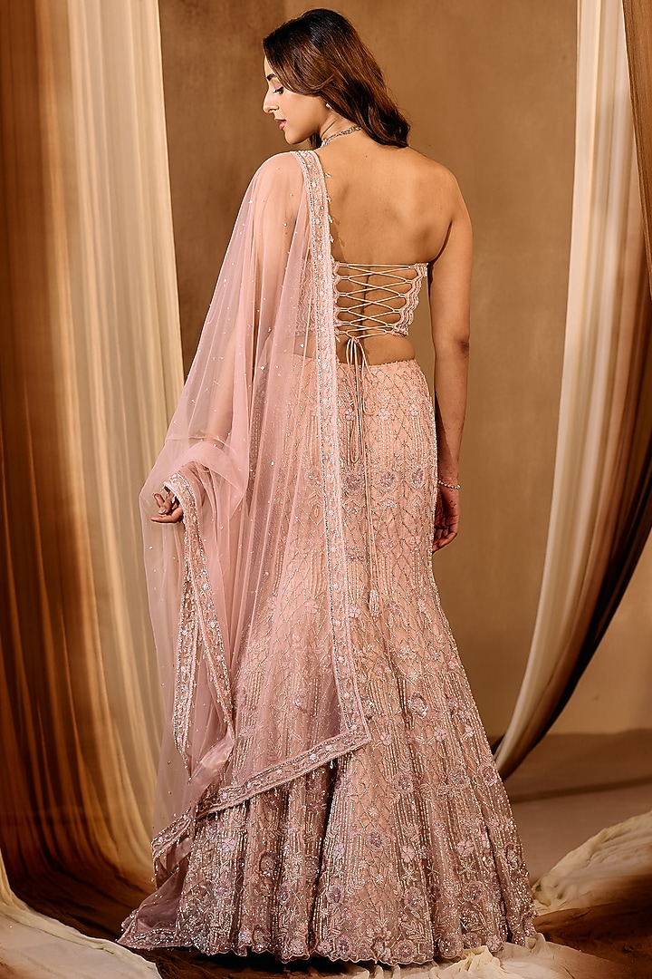 Powder Pink Silk Tissue Hand Embroidered Fish-Cut Bridal Lehenga Set by NIAMH by Kriti at Pernia's Pop Up Shop