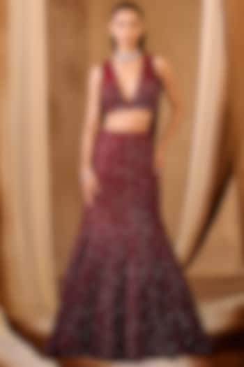 Maroon Mesh Sequins Embellished Fish-Cut Wedding Lehenga Set by NIAMH by Kriti at Pernia's Pop Up Shop