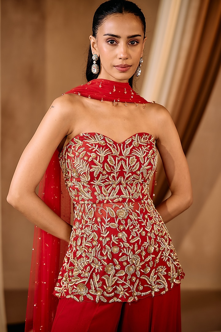 Red Georgette Wedding Sharara Set by NIAMH by Kriti at Pernia's Pop Up Shop