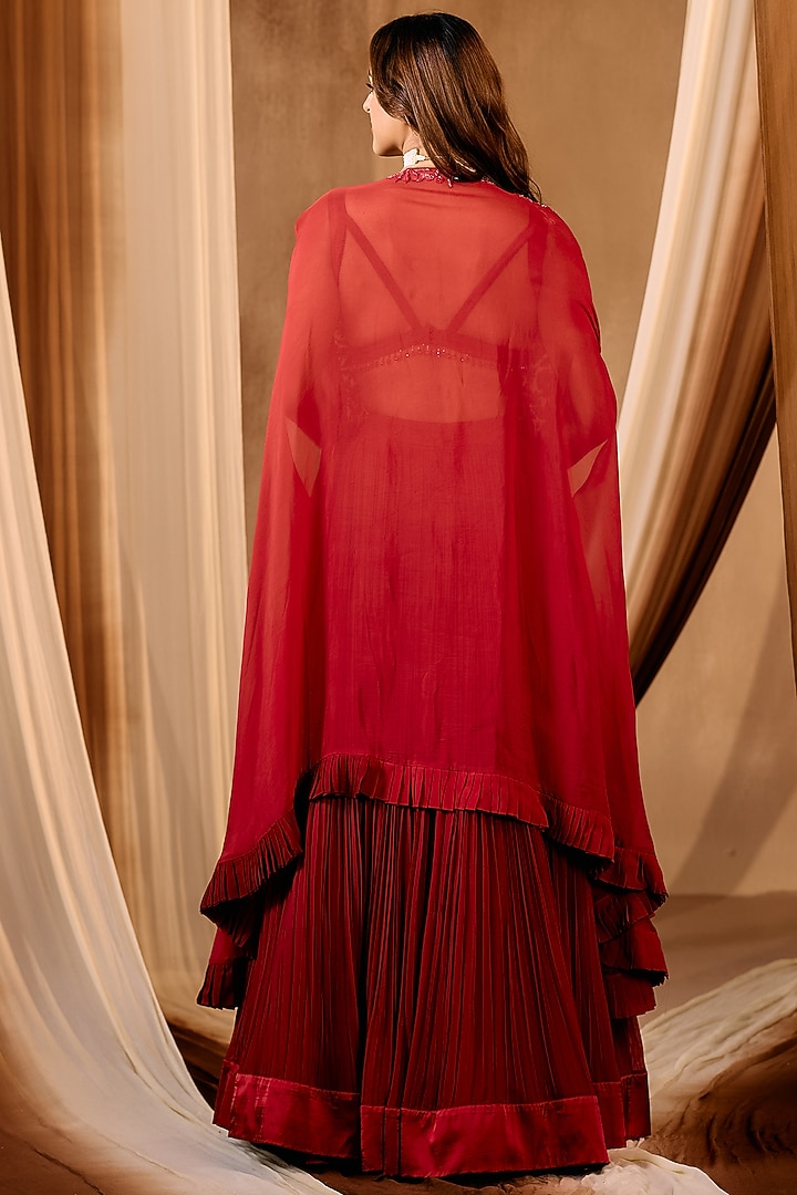Red Georgette Sequins Embroidered Jacket Wedding Lehenga Set by NIAMH by Kriti at Pernia's Pop Up Shop