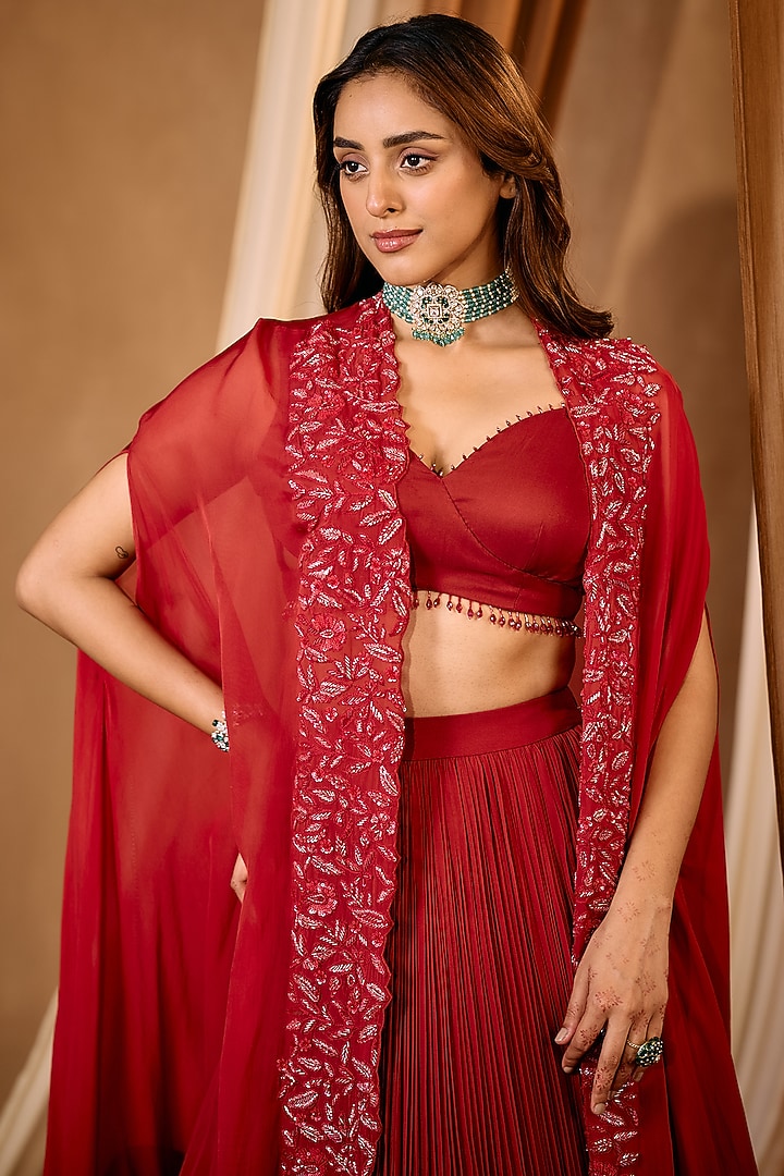 Red Georgette Sequins Embroidered Jacket Wedding Lehenga Set by NIAMH by Kriti at Pernia's Pop Up Shop