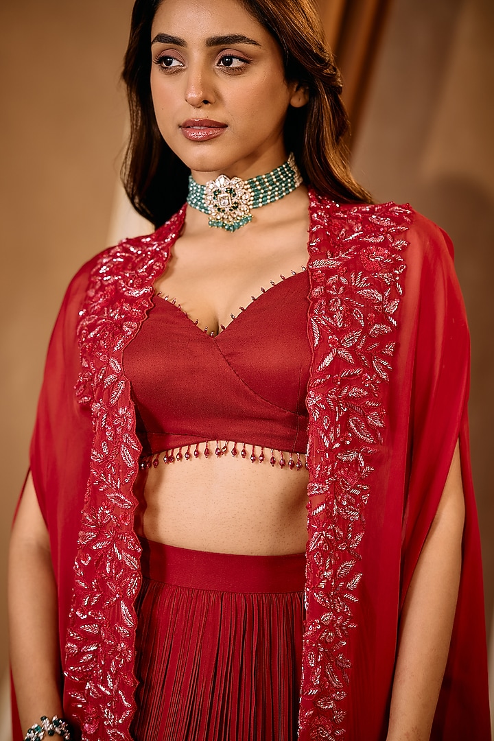 Red Georgette Sequins Embroidered Jacket Wedding Lehenga Set by NIAMH by Kriti at Pernia's Pop Up Shop