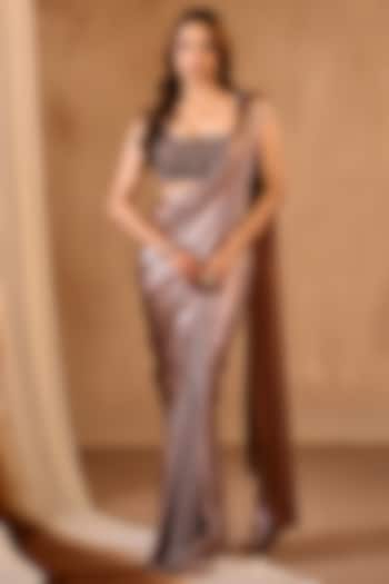 Brown Silk Satin Draped Wedding Saree Set by NIAMH by Kriti at Pernia's Pop Up Shop