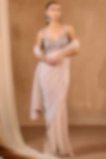 Champagne Imported Pleated Fabric Draped Wedding Saree Set by NIAMH by Kriti at Pernia's Pop Up Shop