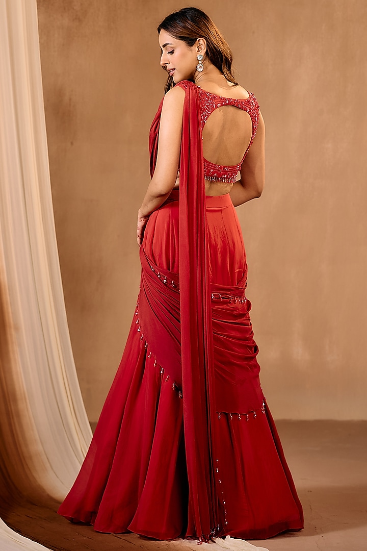 Red Silk Crepe Draped Wedding Lehenga Saree Set by NIAMH by Kriti at Pernia's Pop Up Shop