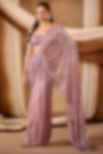 Dusky Rose Pink Silk Crepe Sequins Embroidered Draped Wedding Saree Set by NIAMH by Kriti at Pernia's Pop Up Shop