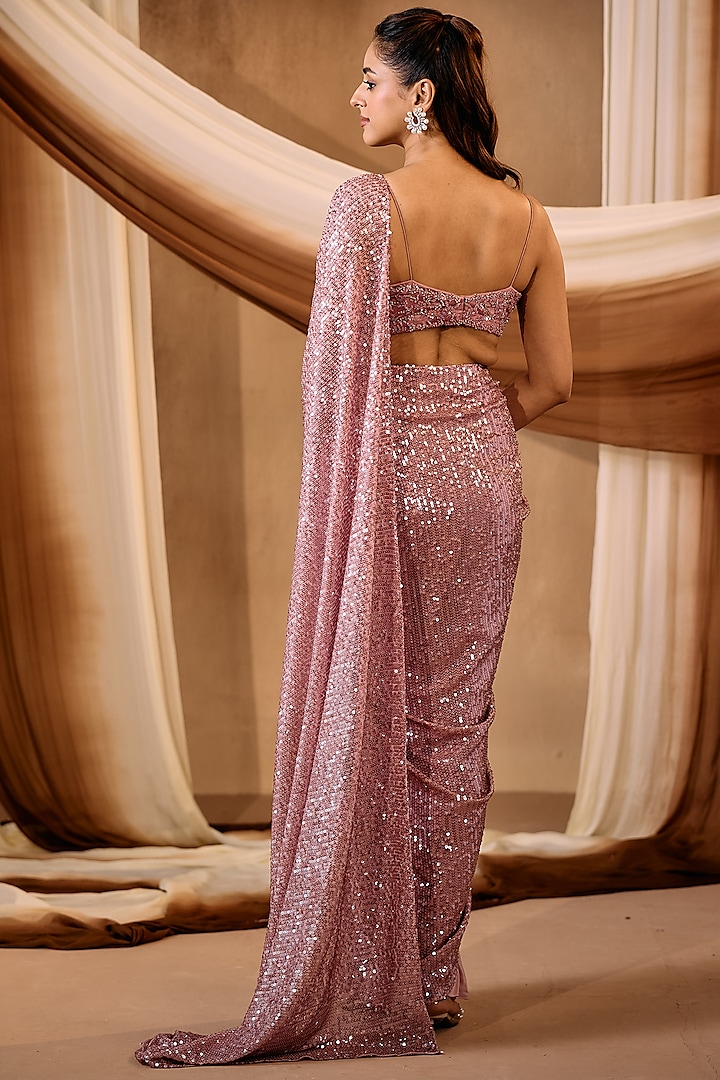 Dusky Rose Pink Silk Crepe Sequins Embroidered Draped Wedding Saree Set by NIAMH by Kriti at Pernia's Pop Up Shop