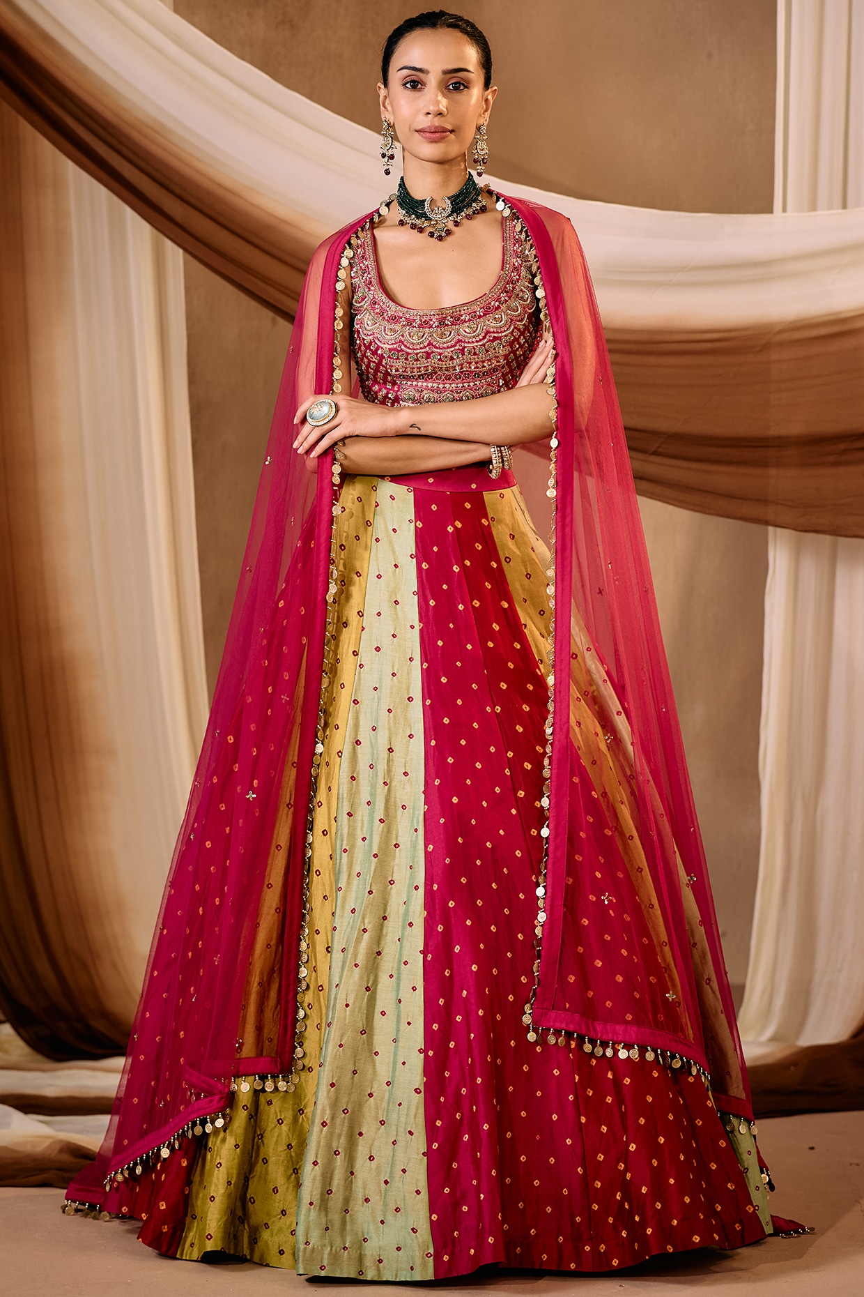 NIAMH by Kriti Multi-Colored Silk Chanderi Bandhani Lehenga Set