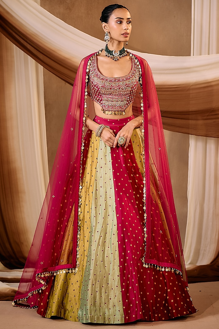 Multi-Colored Silk Chanderi Bandhani Wedding Lehenga Set by NIAMH by Kriti at Pernia's Pop Up Shop