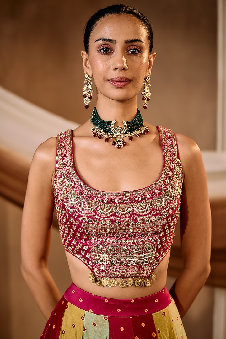 Multi-Colored Silk Chanderi Bandhani Wedding Lehenga Set by NIAMH by Kriti at Pernia's Pop Up Shop
