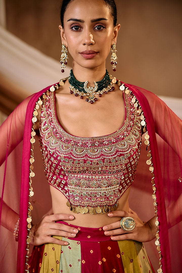 Multi-Colored Silk Chanderi Bandhani Wedding Lehenga Set by NIAMH by Kriti at Pernia's Pop Up Shop