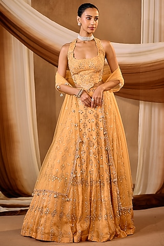 Light Orange Satin Organza Mirror Work Lehenga Set by NIAMH by Kriti
