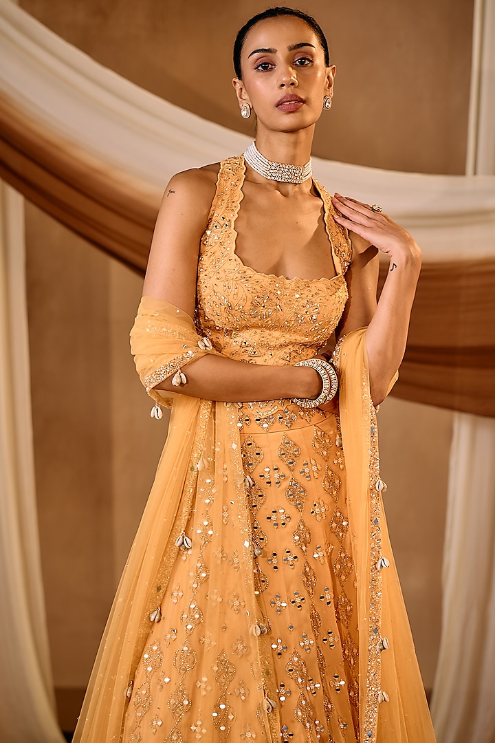 Light Orange Satin Organza Mirror Work Wedding Lehenga Set by NIAMH by Kriti at Pernia's Pop Up Shop