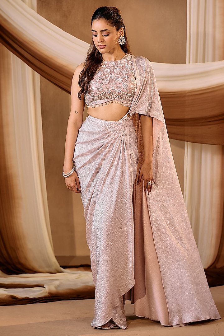 Lilac Shimmer Foil Fabric Pre-Draped Wedding Saree Set by NIAMH by Kriti at Pernia's Pop Up Shop