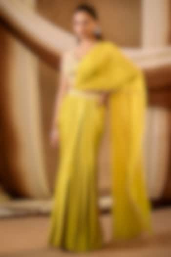 Golden Yellow Satin Silk Pre-Draped Wedding Saree Set by NIAMH by Kriti at Pernia's Pop Up Shop