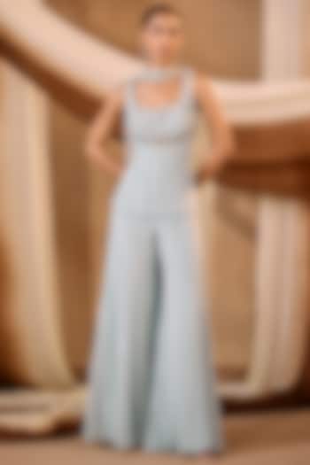 Powder Blue Crushed Silk Mukaish Work Wedding Sharara Set by NIAMH by Kriti at Pernia's Pop Up Shop