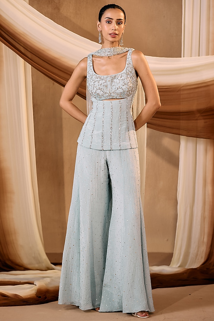 Powder Blue Crushed Silk Mukaish Work Wedding Sharara Set by NIAMH by Kriti at Pernia's Pop Up Shop