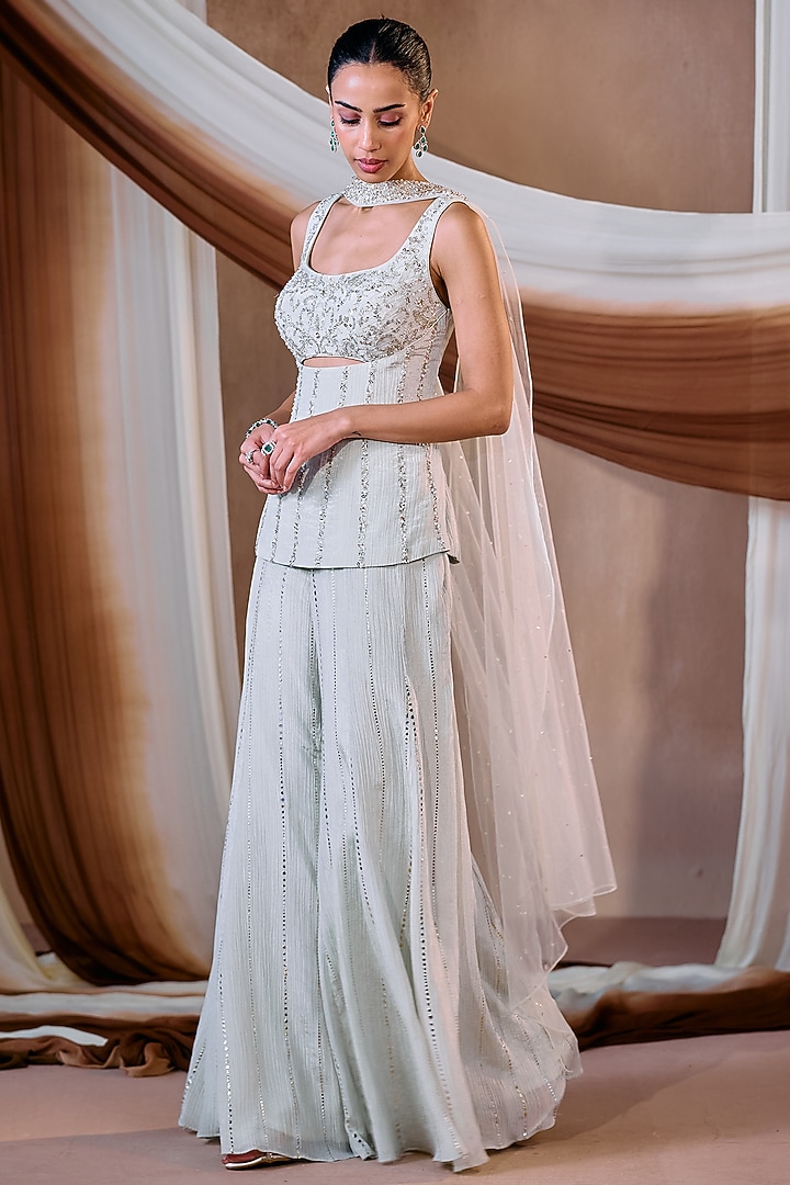 Pistachio Green Crushed Silk Mukaish Work Wedding Sharara Set by NIAMH by Kriti at Pernia's Pop Up Shop