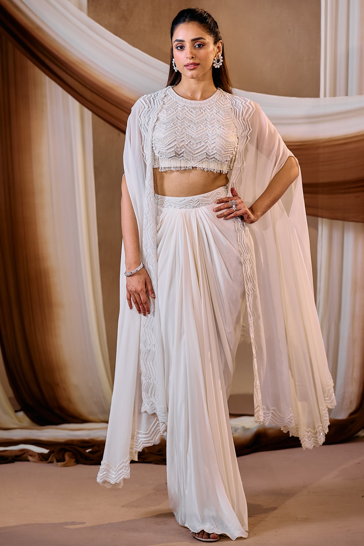 NIAMH by Kriti Ivory Silk Crepe & Organza Embroidered Cape Set