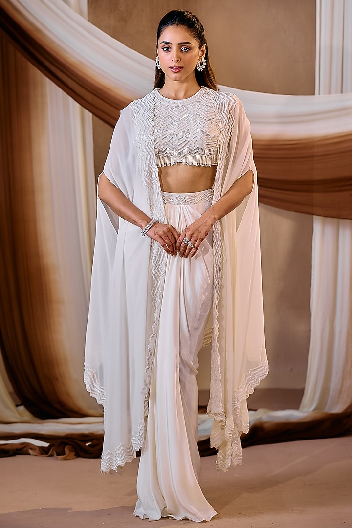 Ivory Silk Crepe & Organza Embroidered Cape Set by NIAMH by Kriti at Pernia's Pop Up Shop