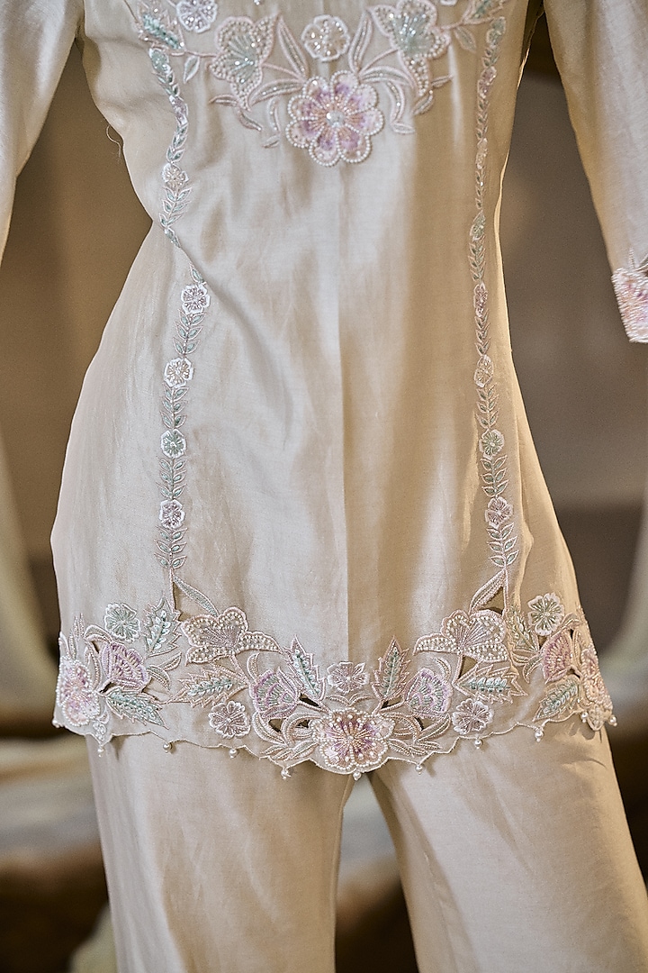 Beige Silk Chanderi Hand Embroidered Kurta Set by NIAMH by Kriti at Pernia's Pop Up Shop