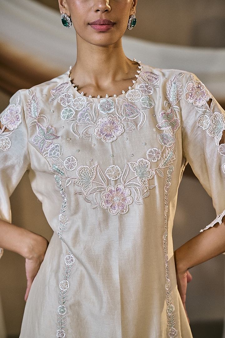 Beige Silk Chanderi Hand Embroidered Kurta Set by NIAMH by Kriti at Pernia's Pop Up Shop