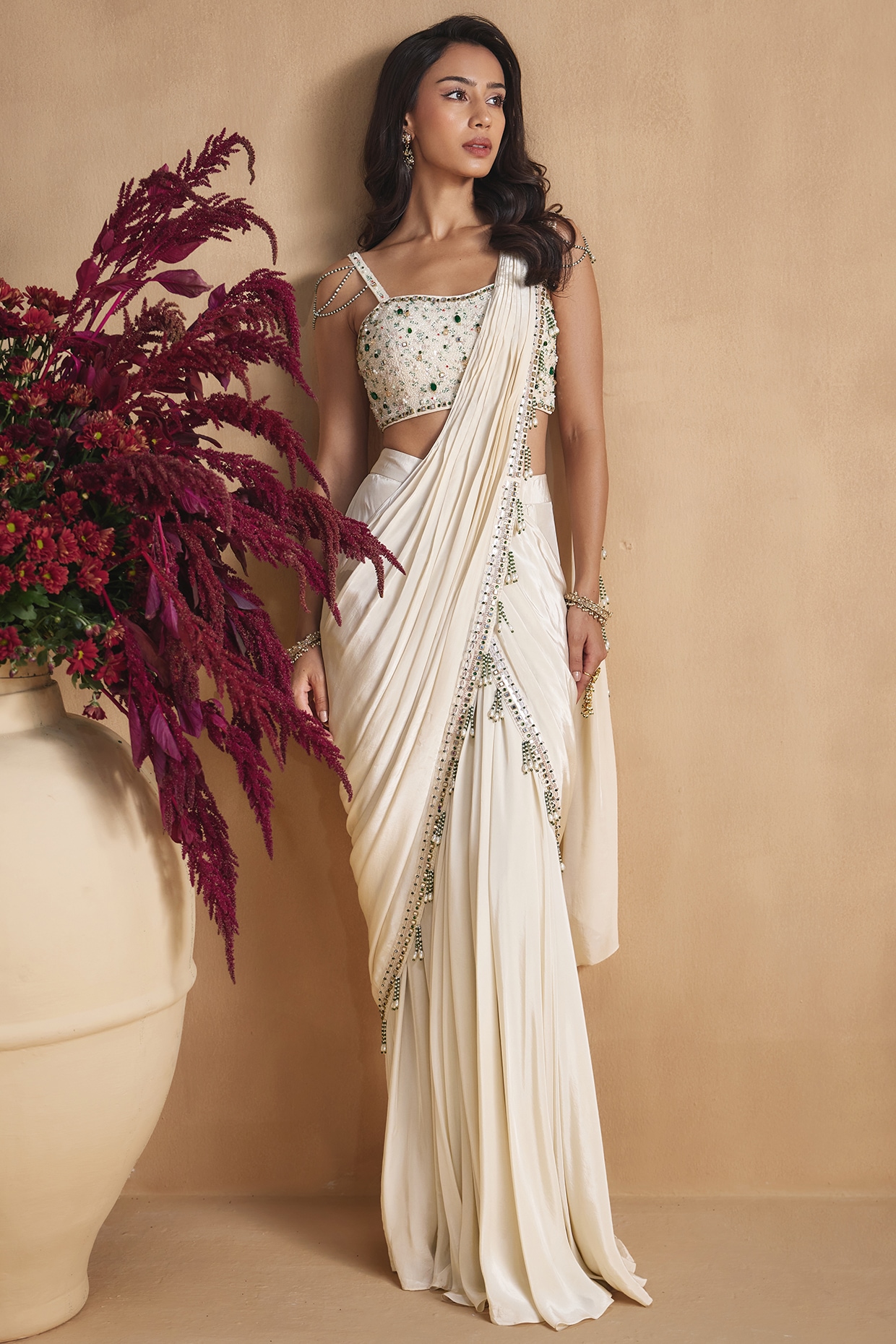 NIAMH by Kriti Ivory Silk Crepe Hand Embroidered Pre-Draped Saree Set