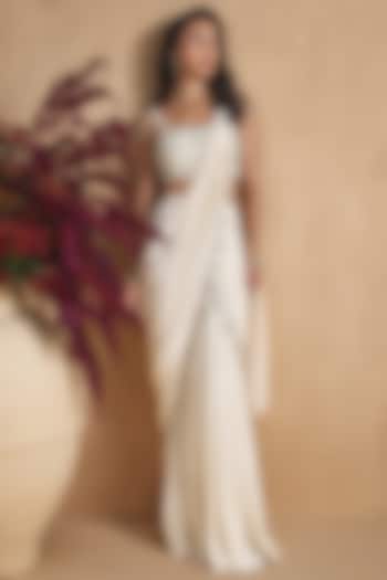 Ivory Silk Crepe Hand Embroidered Pre-Draped Wedding Saree Set by NIAMH by Kriti at Pernia's Pop Up Shop