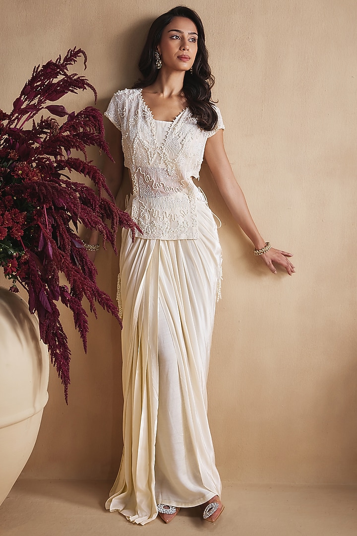 Ivory Organza Draped Skirt Set by NIAMH by Kriti at Pernia's Pop Up Shop