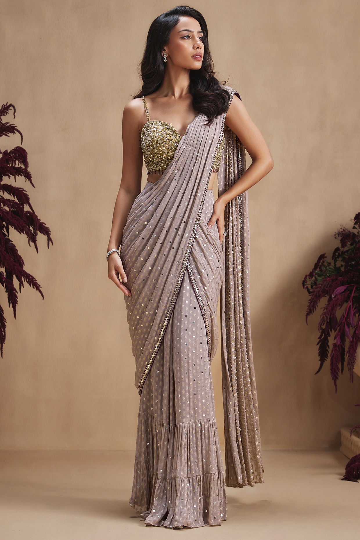 NIAMH by Kriti Taupe Grey Georgette Sequin Embellished Pre-Draped Saree Set