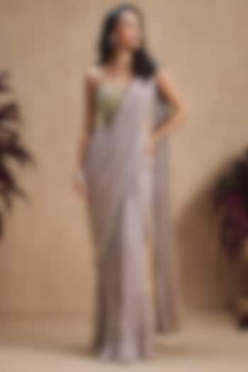 Taupe Grey Georgette Sequin Embellished Pre-Draped Wedding Saree Set by NIAMH by Kriti at Pernia's Pop Up Shop