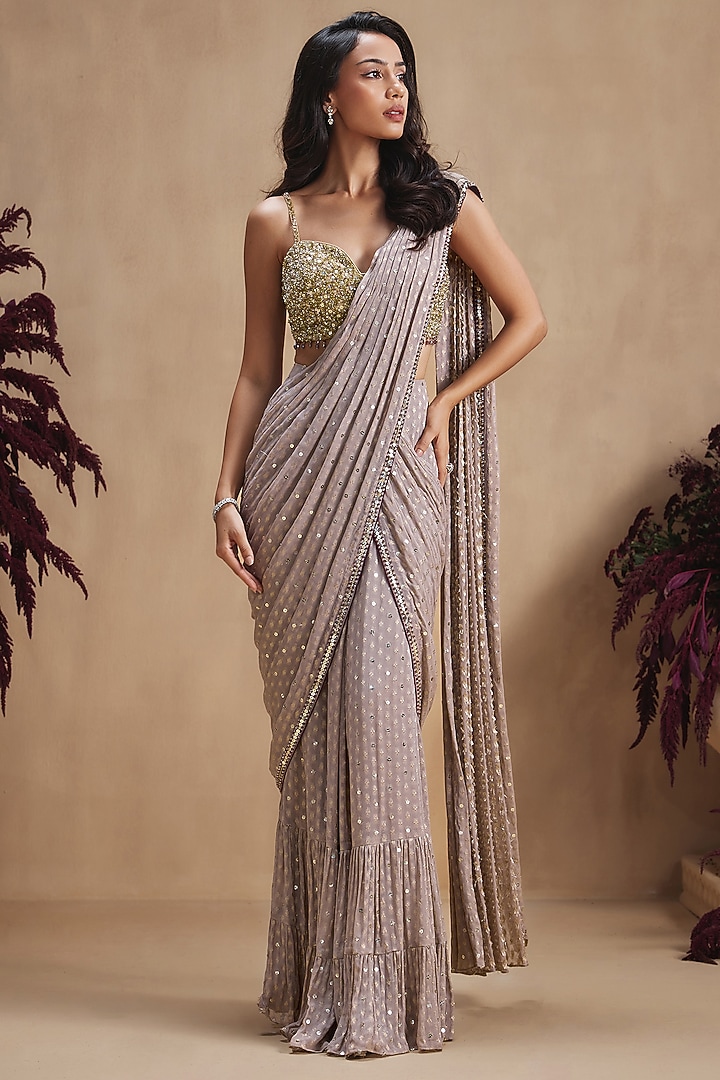 Taupe Grey Georgette Sequin Embellished Pre-Draped Wedding Saree Set by NIAMH by Kriti at Pernia's Pop Up Shop