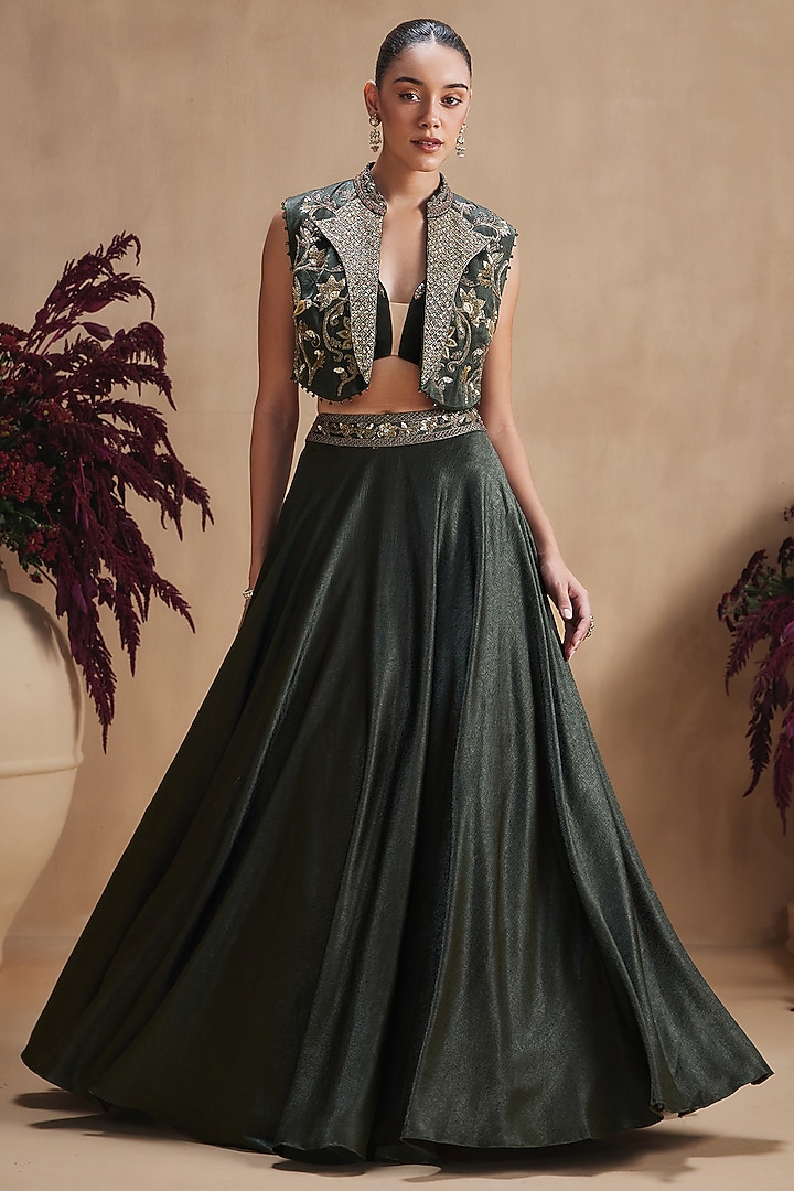 Deep Emerald Green Textured Silk Satin Jacket Wedding Lehenga Set by NIAMH by Kriti at Pernia's Pop Up Shop