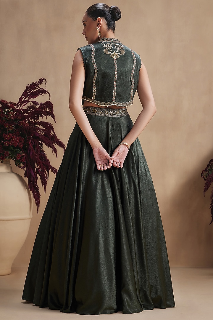 Deep Emerald Green Textured Silk Satin Jacket Wedding Lehenga Set by NIAMH by Kriti at Pernia's Pop Up Shop