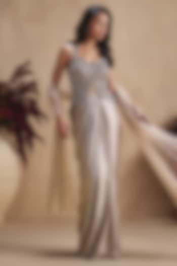 Champagne Silk Satin Draped Skirt Set by NIAMH by Kriti at Pernia's Pop Up Shop