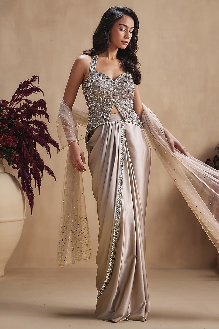 Champagne Silk Satin Draped Skirt Set by NIAMH by Kriti at Pernia's Pop Up Shop