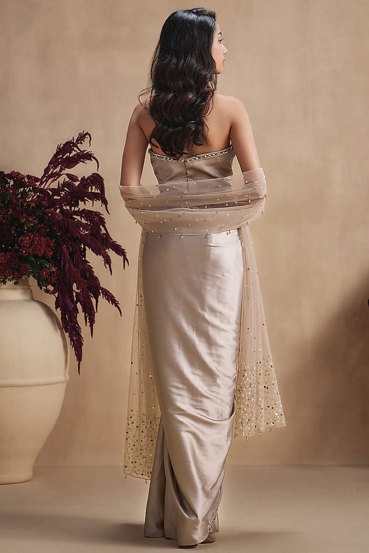 Champagne Silk Satin Draped Skirt Set by NIAMH by Kriti at Pernia's Pop Up Shop