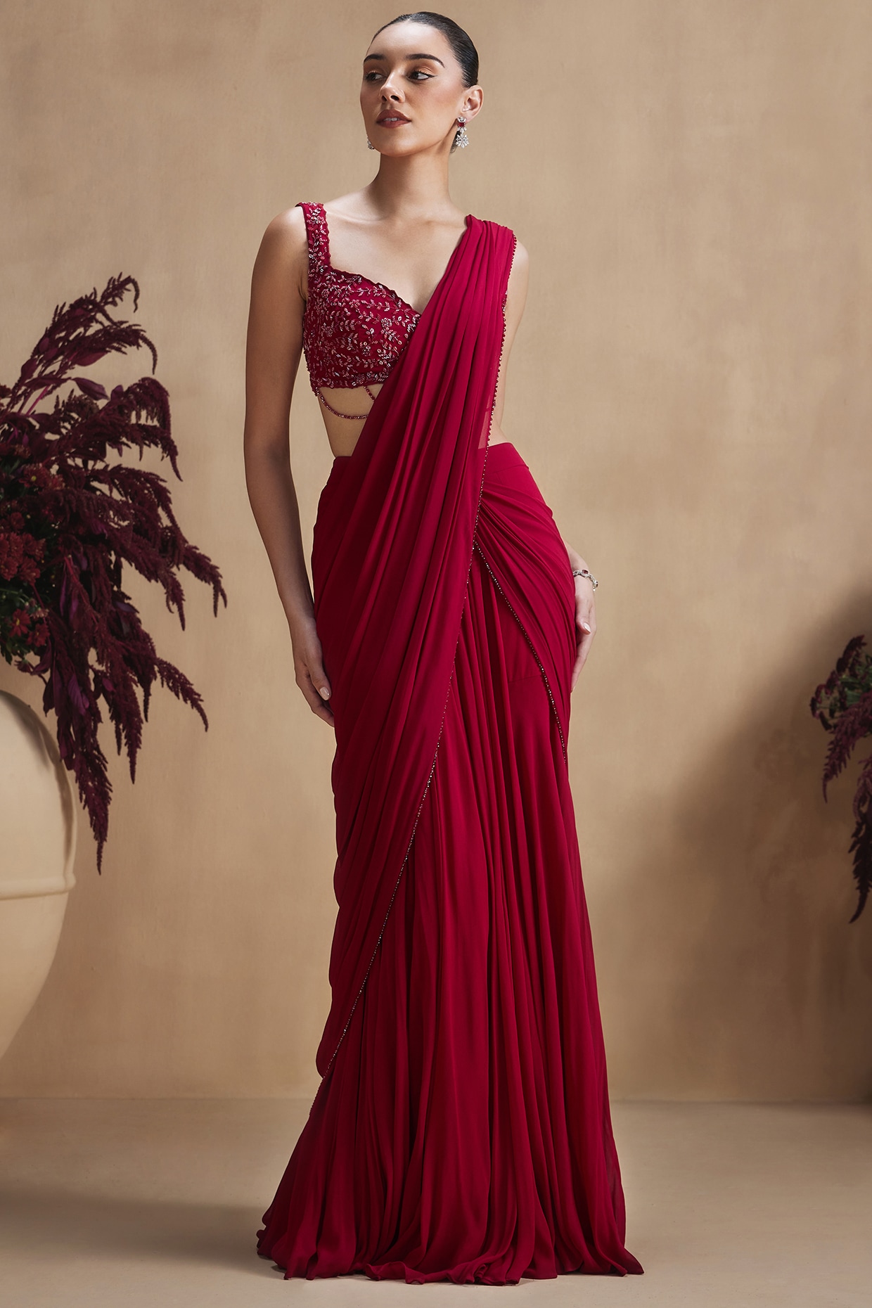 NIAMH by Kriti Crimson Red Georgette Sequin Embellished Draped Saree Set