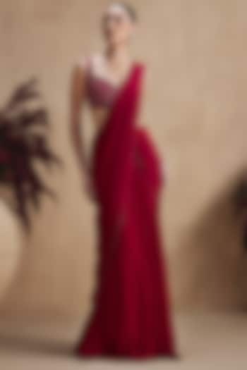 Crimson Red Georgette Sequin Embellished Draped Wedding Saree Set by NIAMH by Kriti at Pernia's Pop Up Shop