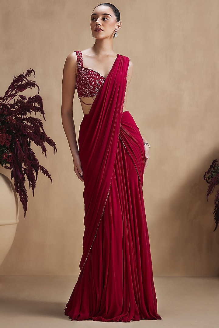 Crimson Red Georgette Sequin Embellished Draped Wedding Saree Set by NIAMH by Kriti at Pernia's Pop Up Shop