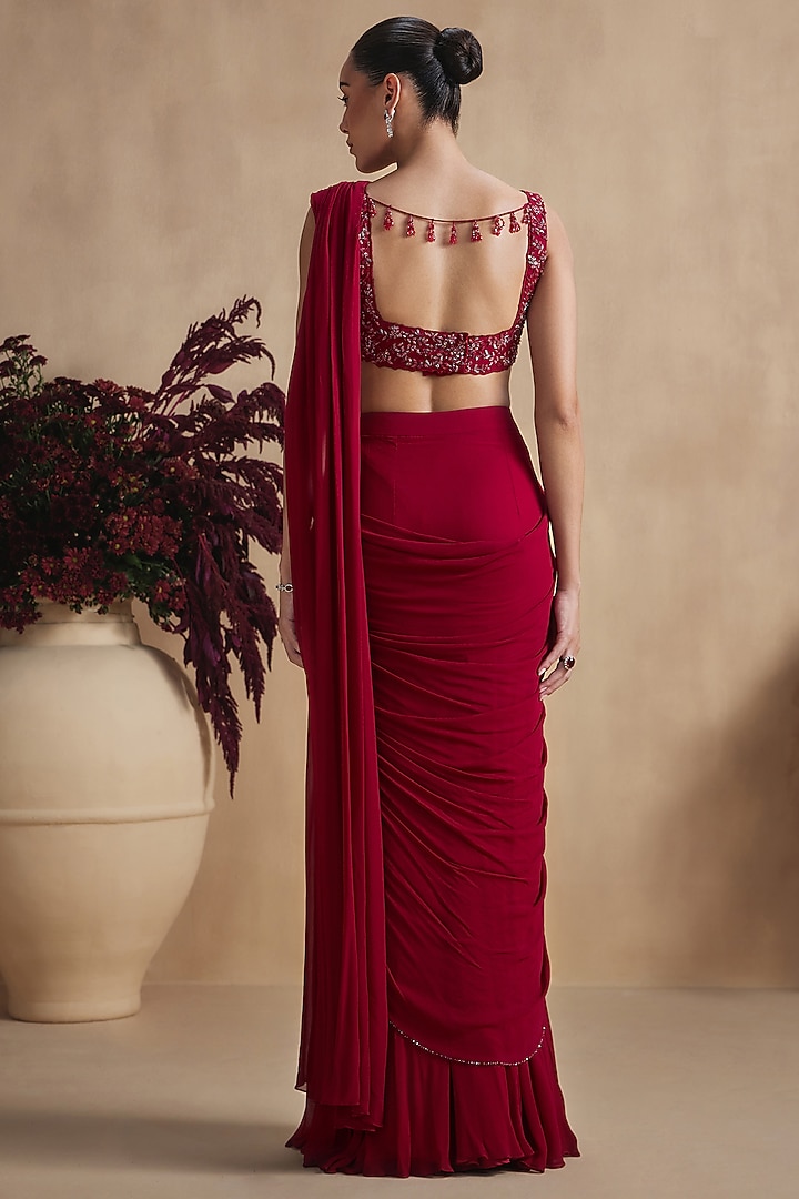 Crimson Red Georgette Sequin Embellished Draped Wedding Saree Set by NIAMH by Kriti at Pernia's Pop Up Shop