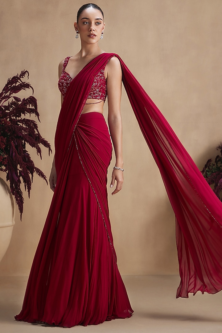 Crimson Red Georgette Sequin Embellished Draped Wedding Saree Set by NIAMH by Kriti at Pernia's Pop Up Shop