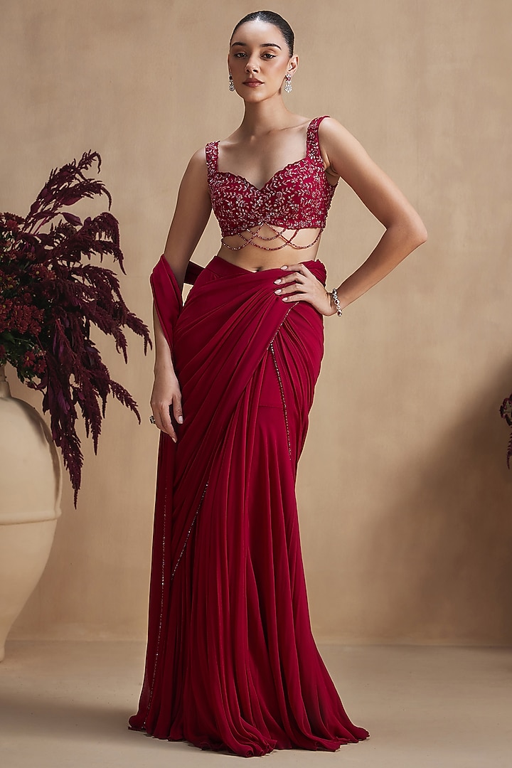 Crimson Red Georgette Sequin Embellished Draped Wedding Saree Set by NIAMH by Kriti at Pernia's Pop Up Shop
