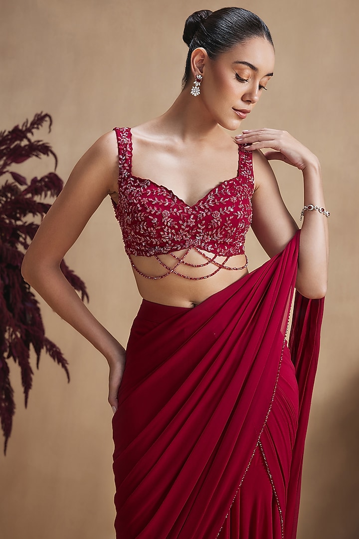 Crimson Red Georgette Sequin Embellished Draped Wedding Saree Set by NIAMH by Kriti at Pernia's Pop Up Shop