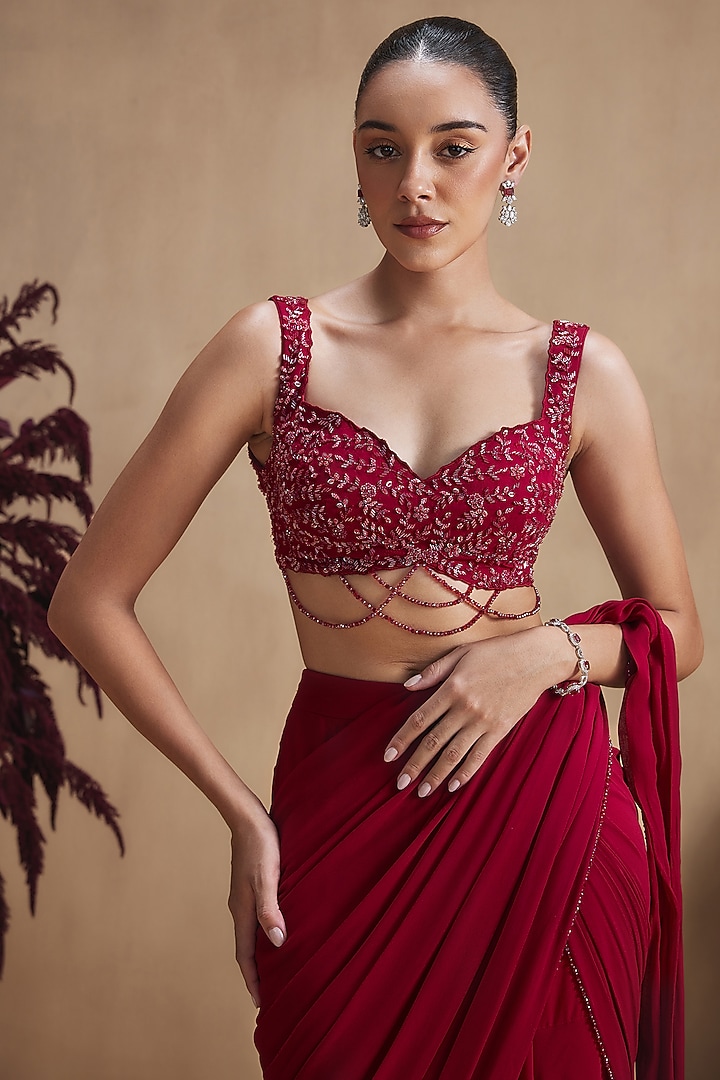 Crimson Red Georgette Sequin Embellished Draped Wedding Saree Set by NIAMH by Kriti at Pernia's Pop Up Shop